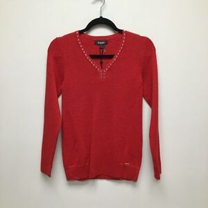 Dkny Womens Pullover Sweater Red‎ Metallic Long Sleeve V Neck Embellished S New
